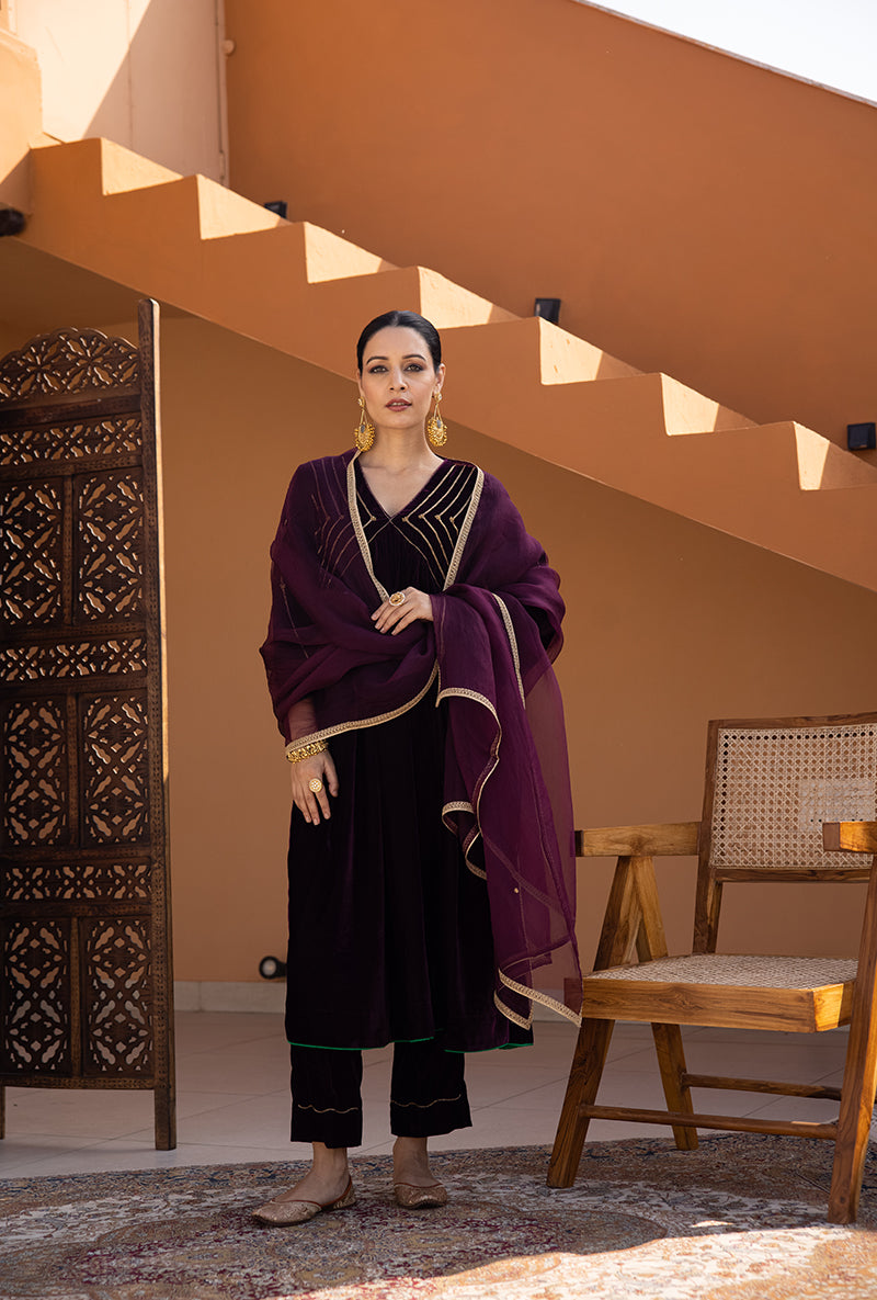 Burgundy Hand Embroidered Velvet Ghazal Kurta Set