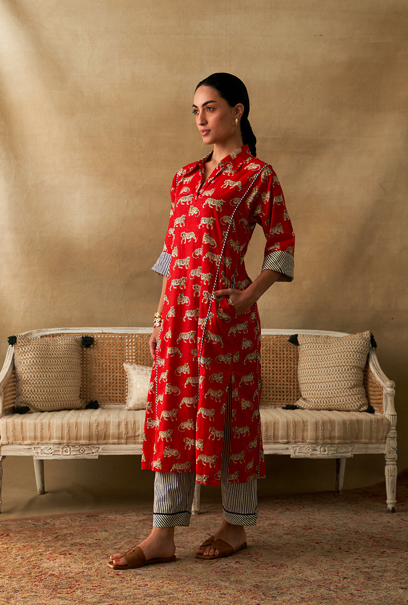 Red Tiger Print Marigold Kurta Set