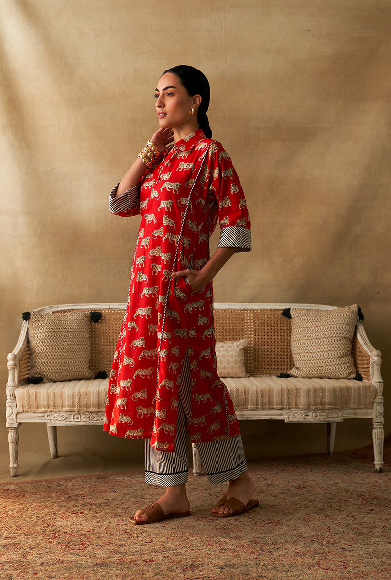 Red Tiger Print Marigold Kurta Set