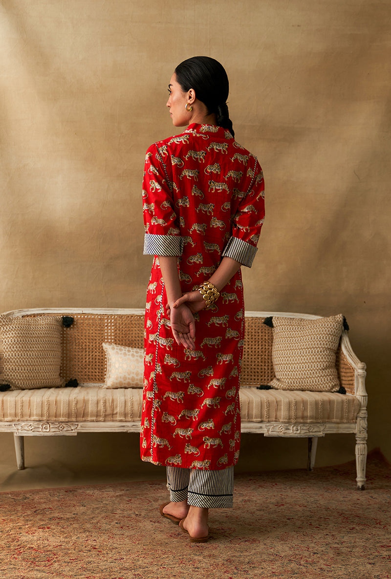 Red Tiger Print Marigold Kurta Set