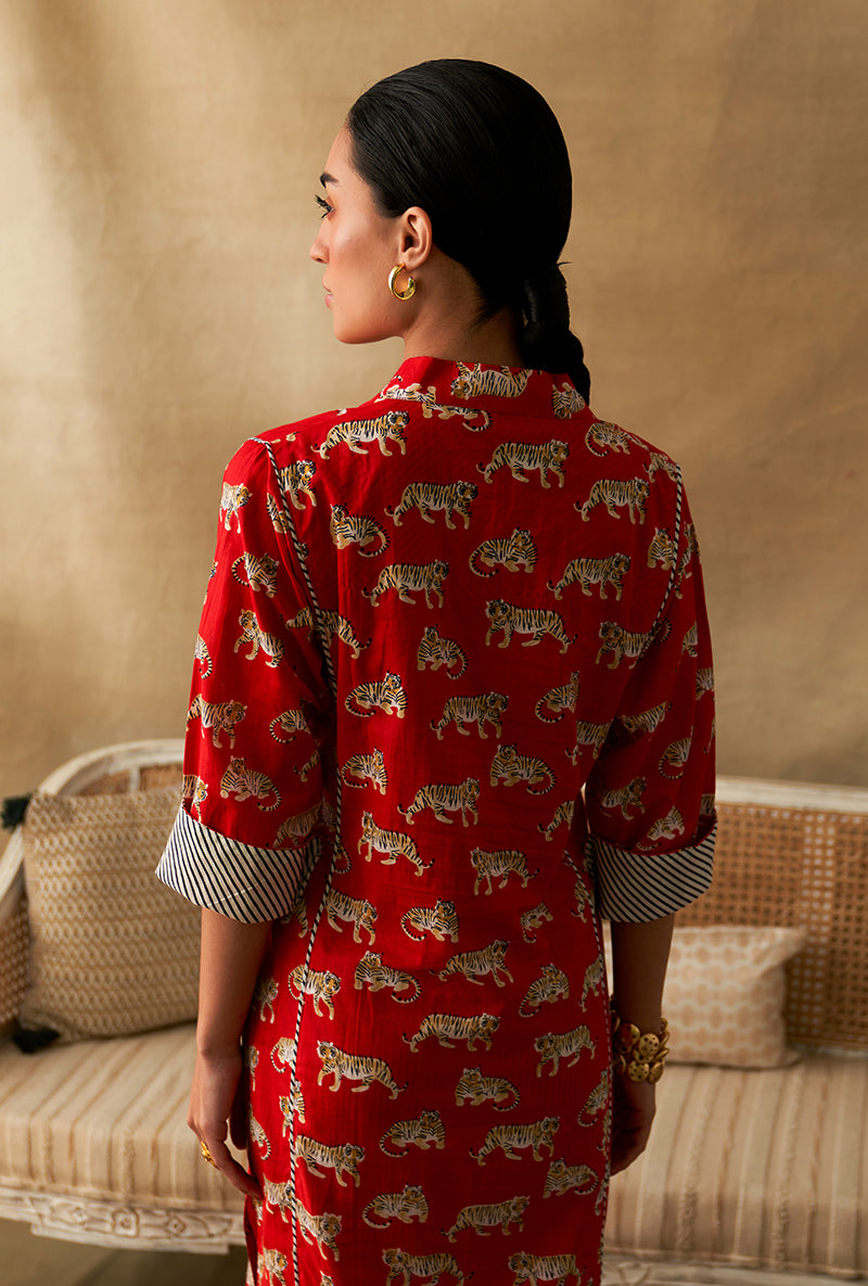 Red Tiger Print Marigold Kurta Set