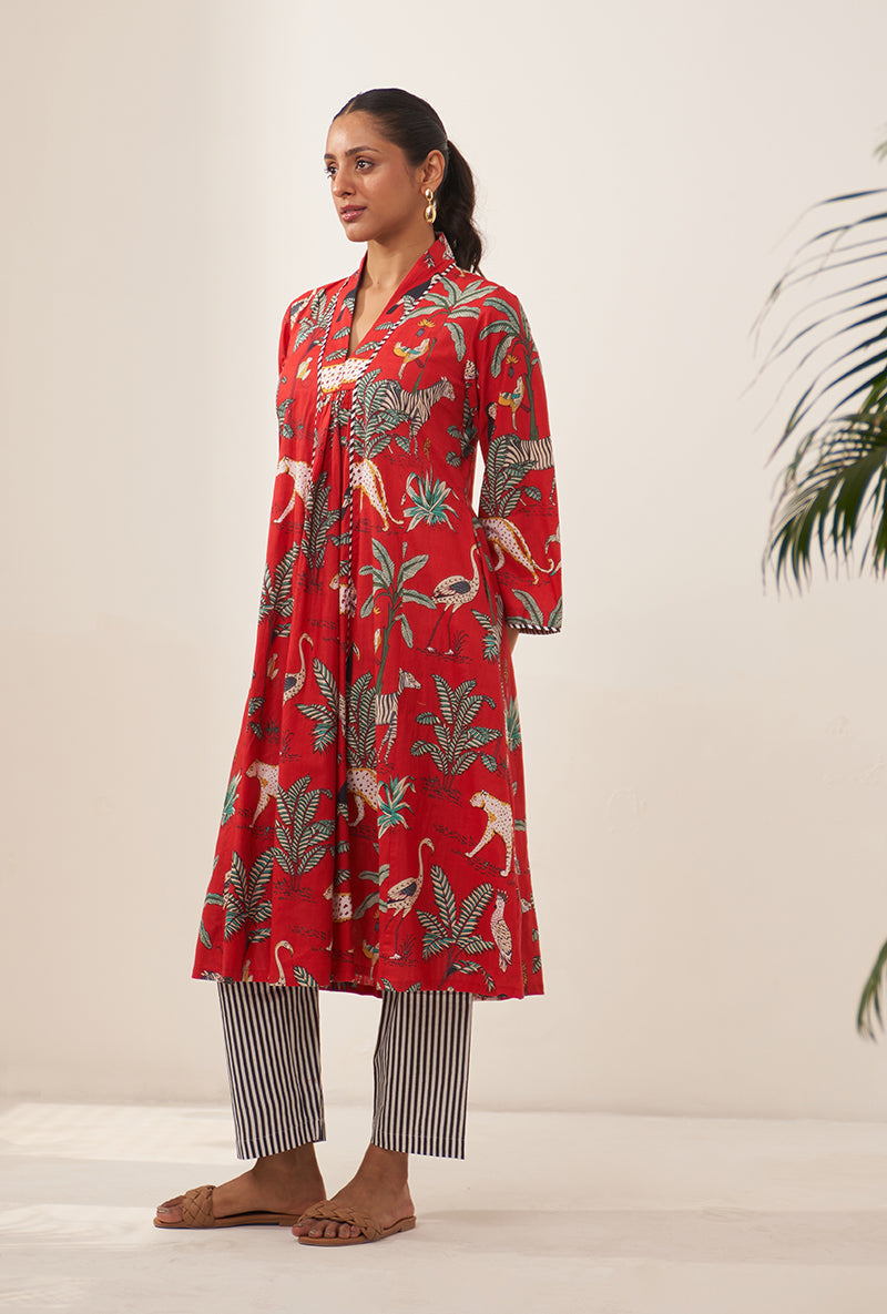 Akriti Kakkar In Red Tropical And Stripe Lovebirds Kurta Set