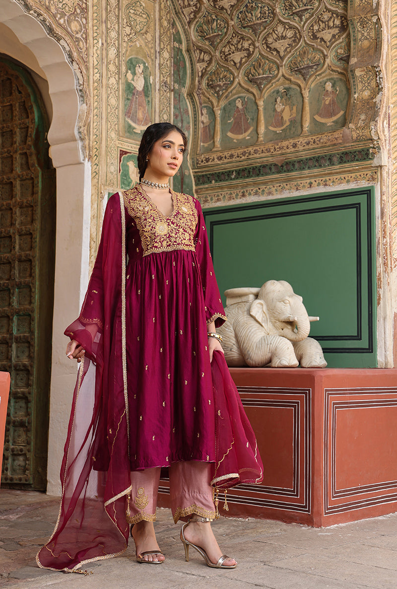 Wine Overlap Frockstyle Raag Kurta Set