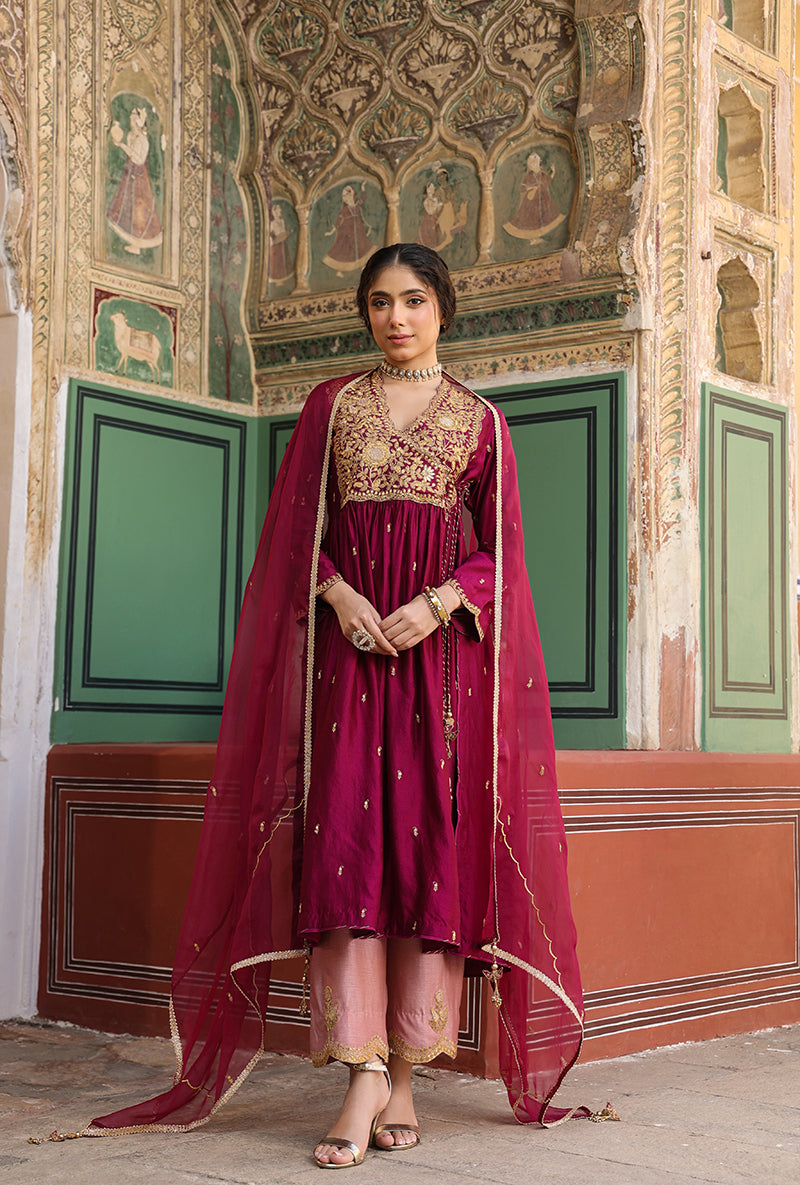 Wine Overlap Frockstyle Raag Kurta Set