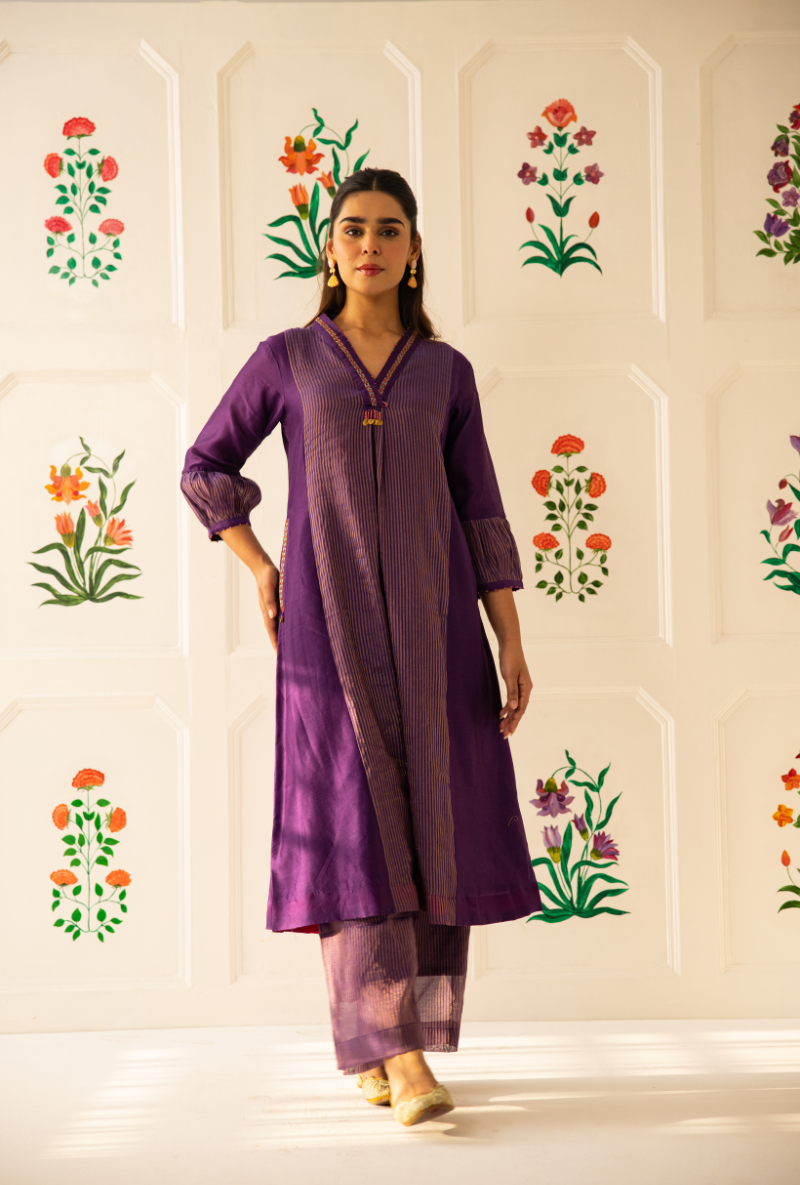 Purple High Collar Kishmish Kurta Set