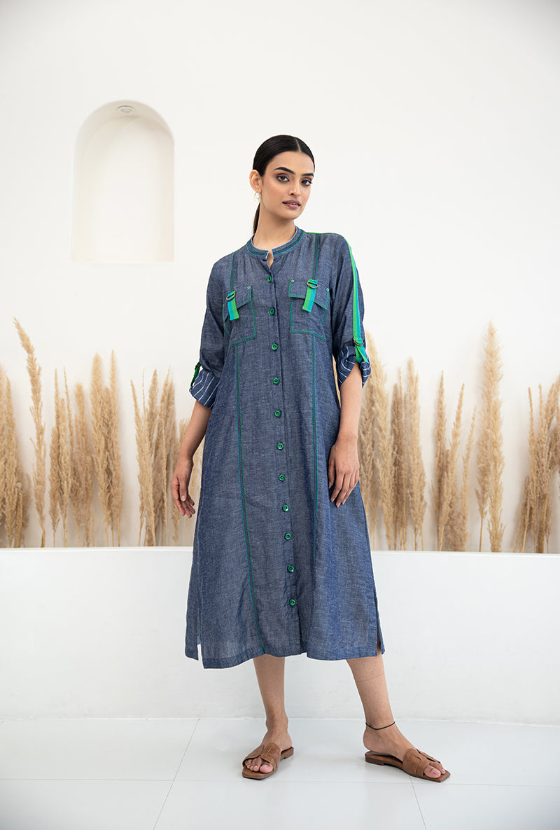 Denim Front Button Sage Dress