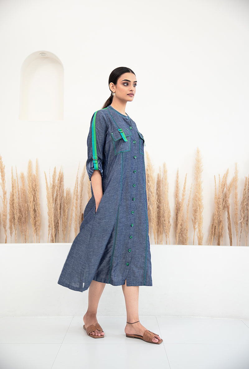 Denim Front Button Sage Dress