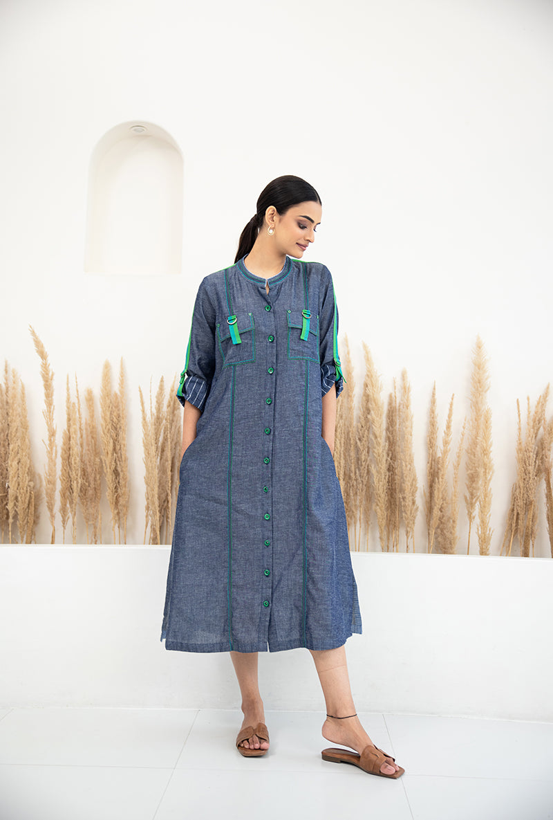 Denim Front Button Sage Dress