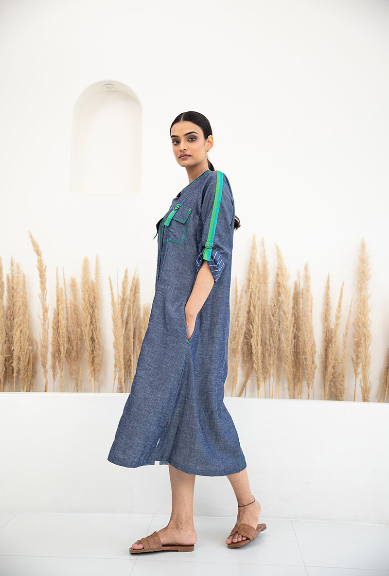 Denim Front Button Sage Dress