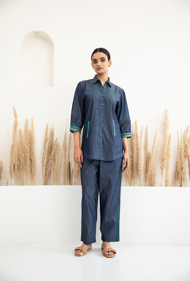 Denim Sequin Collar Sage Co ord Set