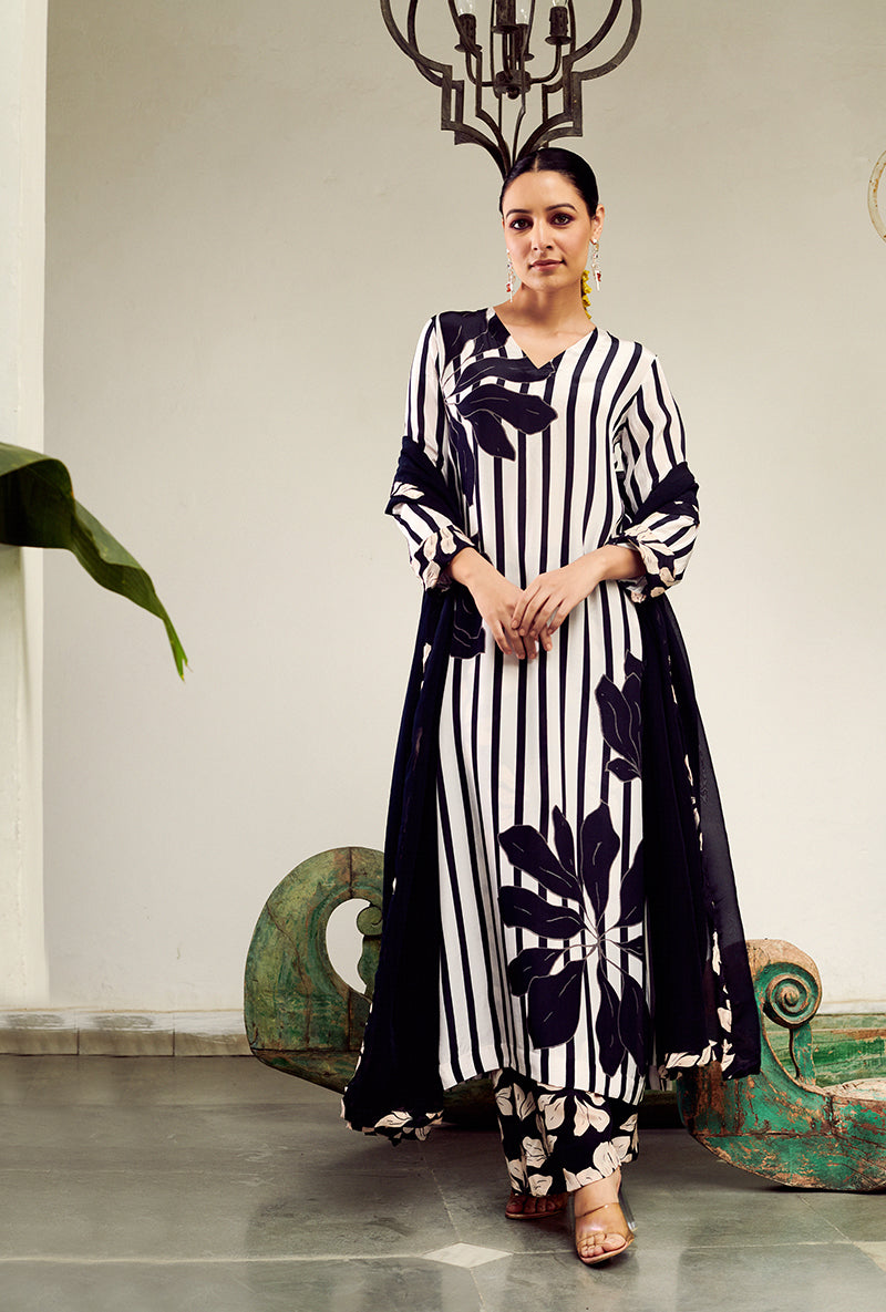 Black Big Flower Stripe Digital Printed Summer Wishlist Kurta Set