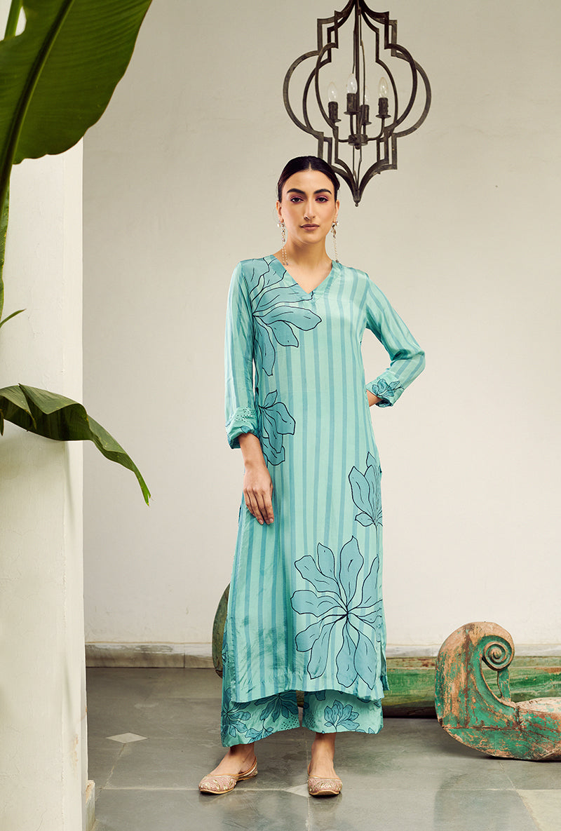 Aqua Big Flower Stripe Digital Printed Summer Wishlist Kurta Set