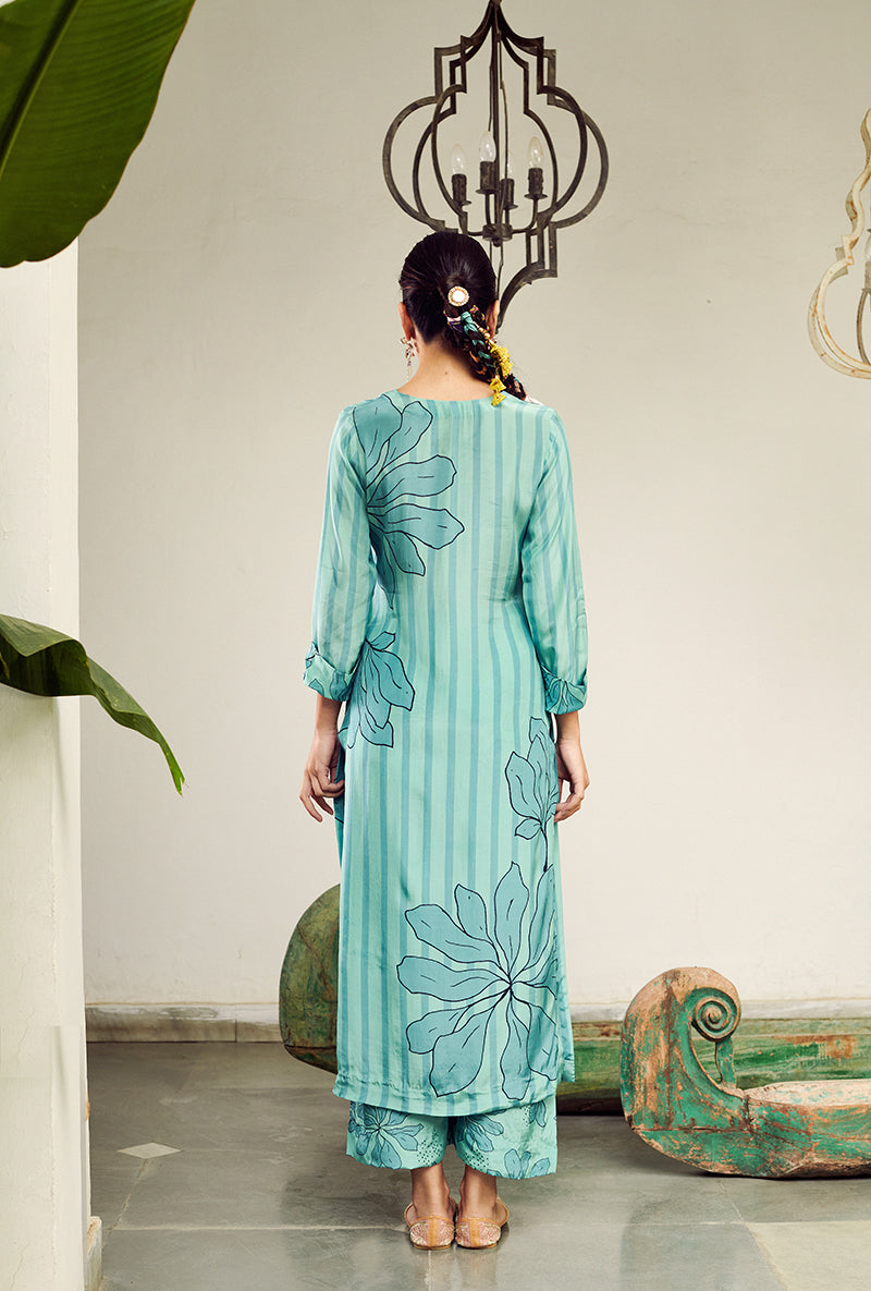 Aqua Big Flower Stripe Digital Printed Summer Wishlist Kurta Set