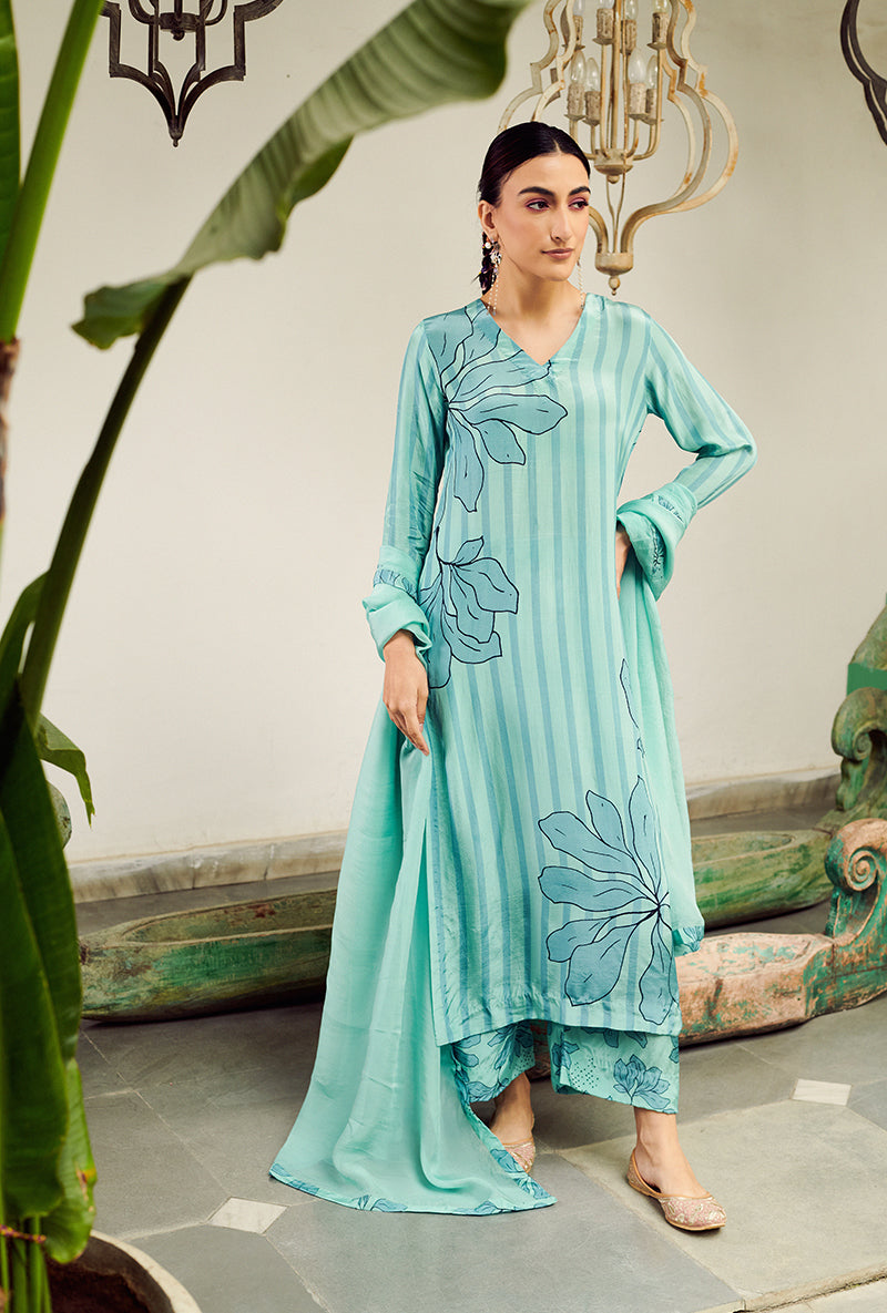 Aqua Big Flower Stripe Digital Printed Summer Wishlist Kurta Set