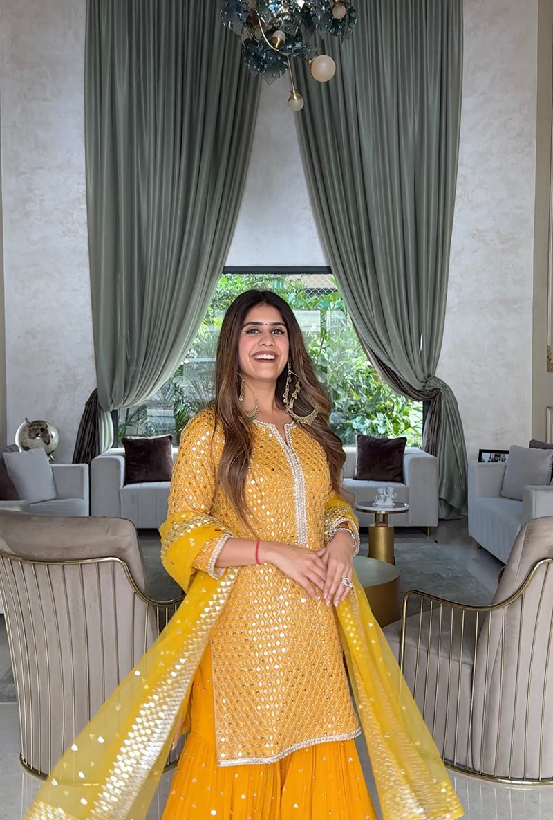 Mehal Kejriwal In Yellow Sitara Mirror Hoor Gharara Set