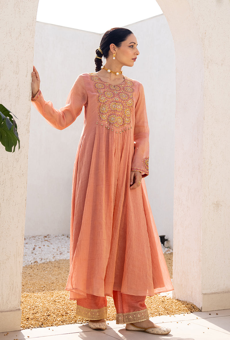 Pink Resham And Gota Yoke Front Pleat Dua Anarkali Set