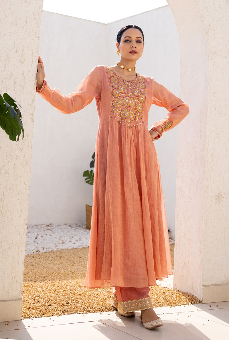 Pink Resham And Gota Yoke Front Pleat Dua Anarkali Set