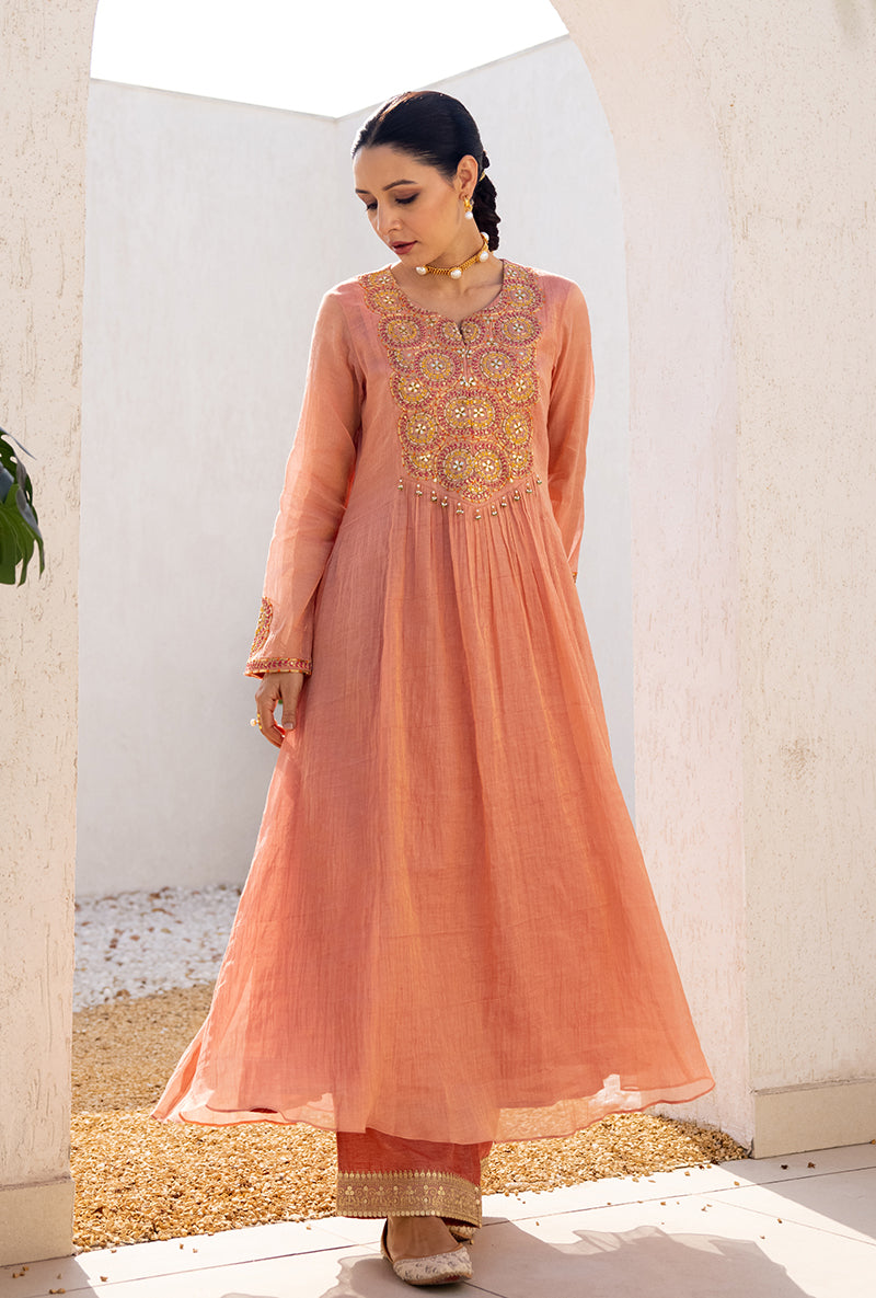 Pink Resham And Gota Yoke Front Pleat Dua Anarkali Set