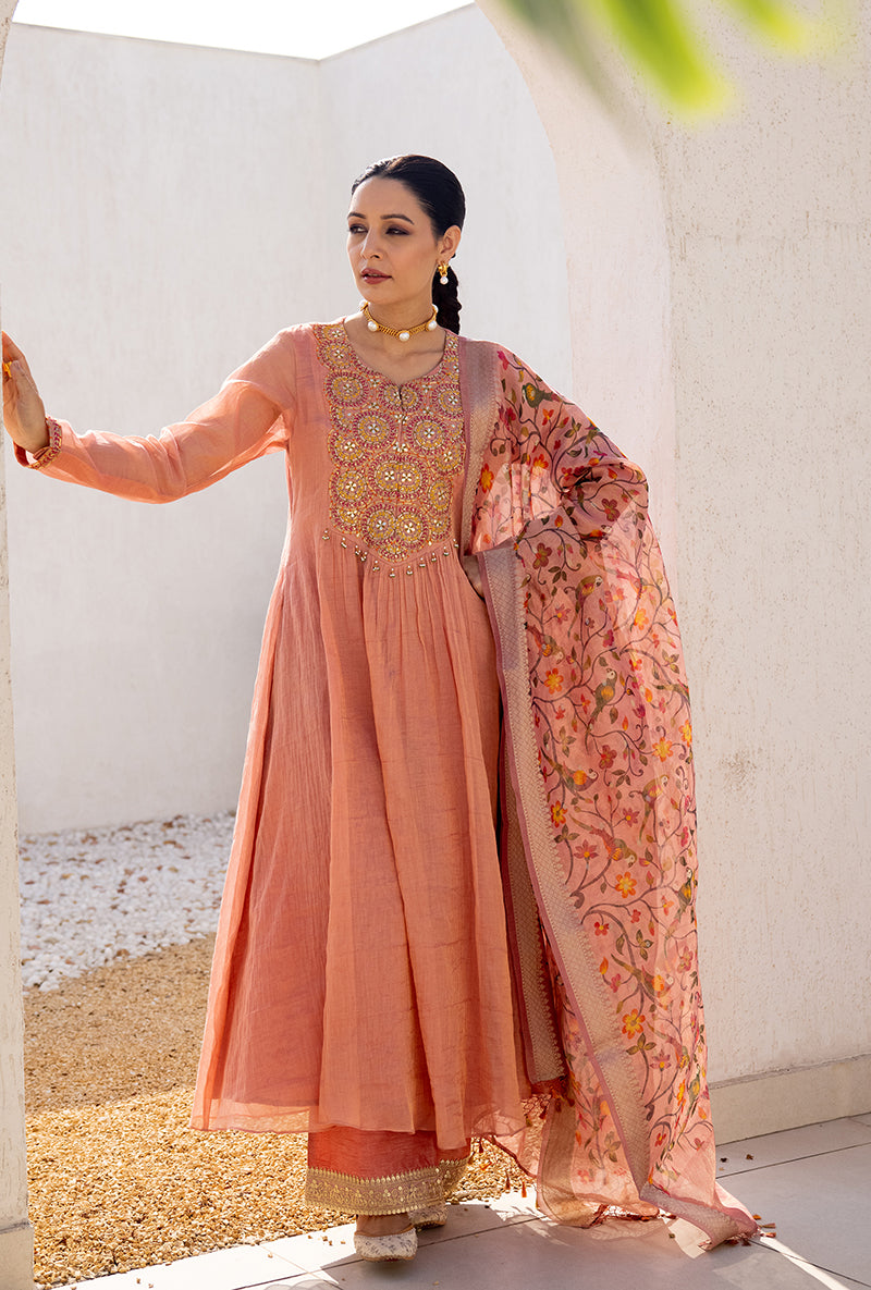 Pink Resham And Gota Yoke Front Pleat Dua Anarkali Set