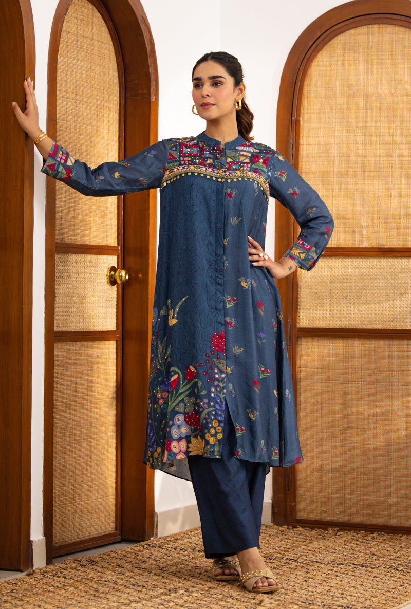 Navy Blue Printed High Collar Naina Co-ord Set