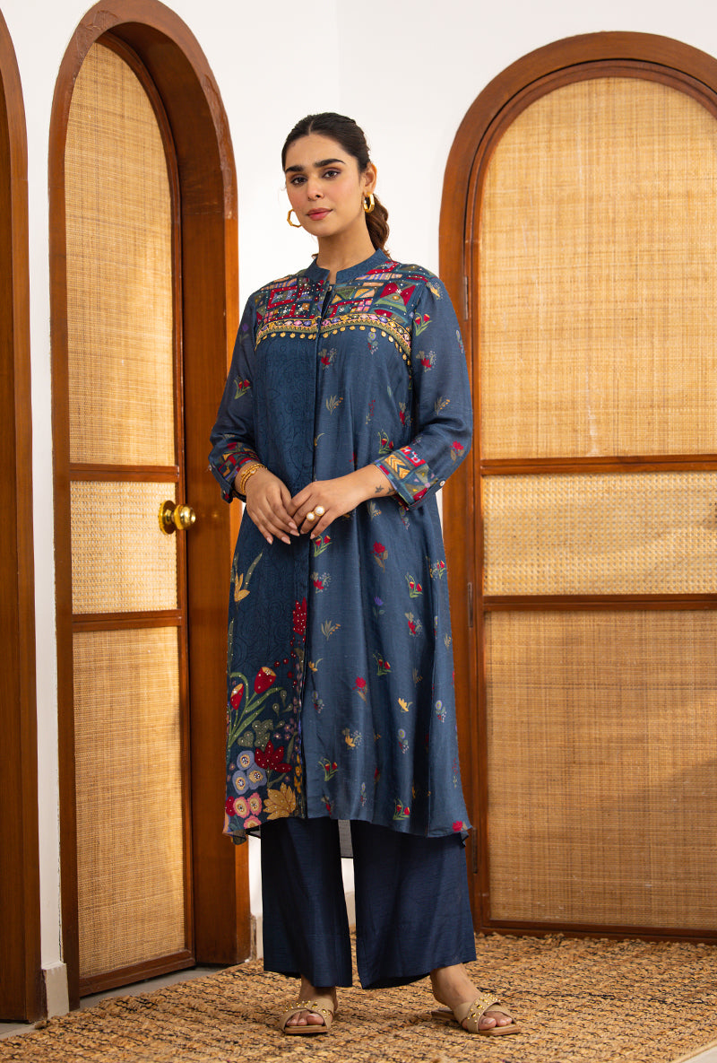 Navy Blue Printed High Collar Naina Co-ord Set