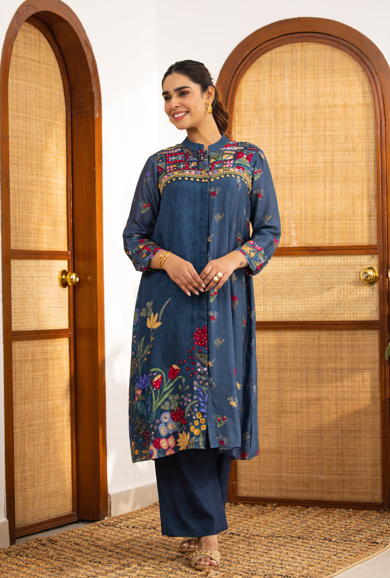 Navy Blue Printed High Collar Naina Co-ord Set