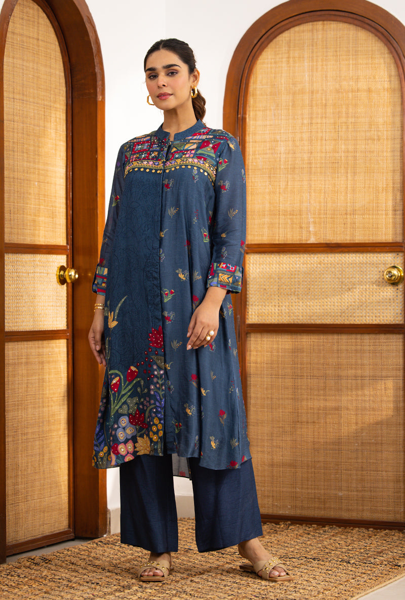 Navy Blue Printed High Collar Naina Co-ord Set