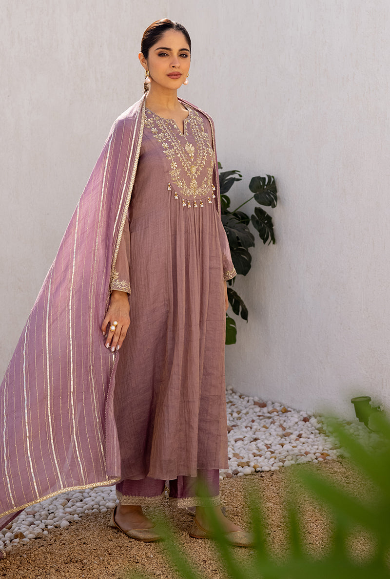 Lavender Sequin And Zardosi Yoke Front Pleat Dua Anarkali Set