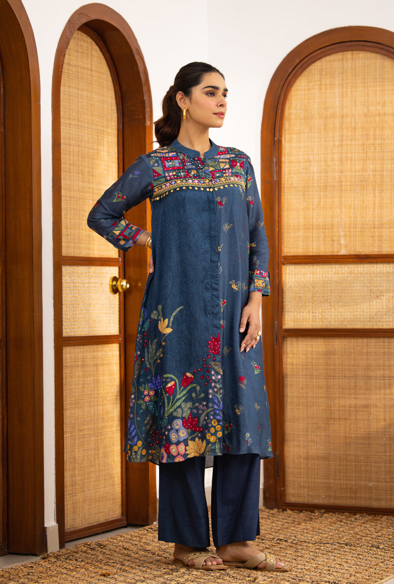 Navy Blue Printed High Collar Naina Co-ord Set