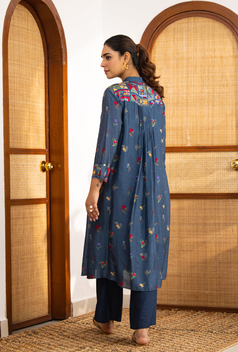 Navy Blue Printed High Collar Naina Co-ord Set