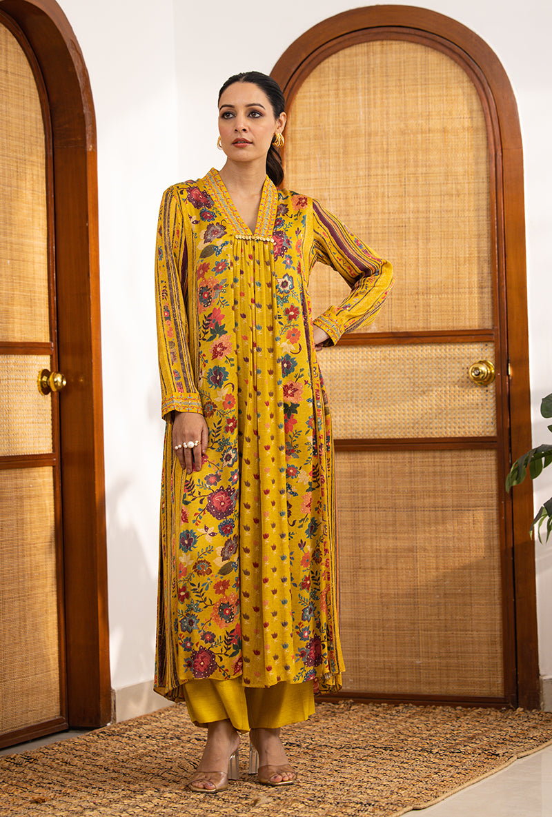 Yellow Printed V Neck Naina Kurta Set