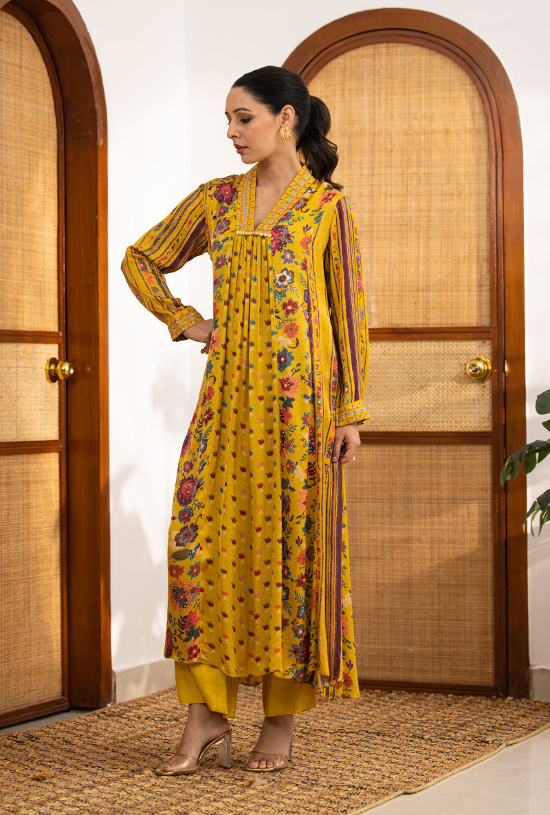 Yellow Printed V Neck Naina Kurta Set