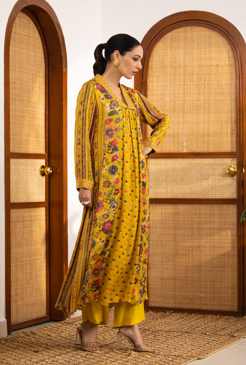 Yellow Printed V Neck Naina Kurta Set