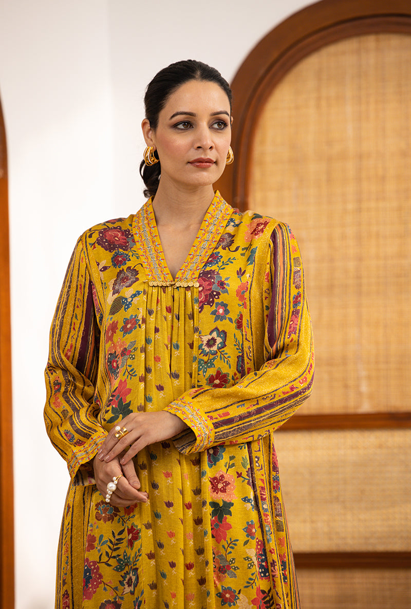 Yellow Printed V Neck Naina Kurta Set