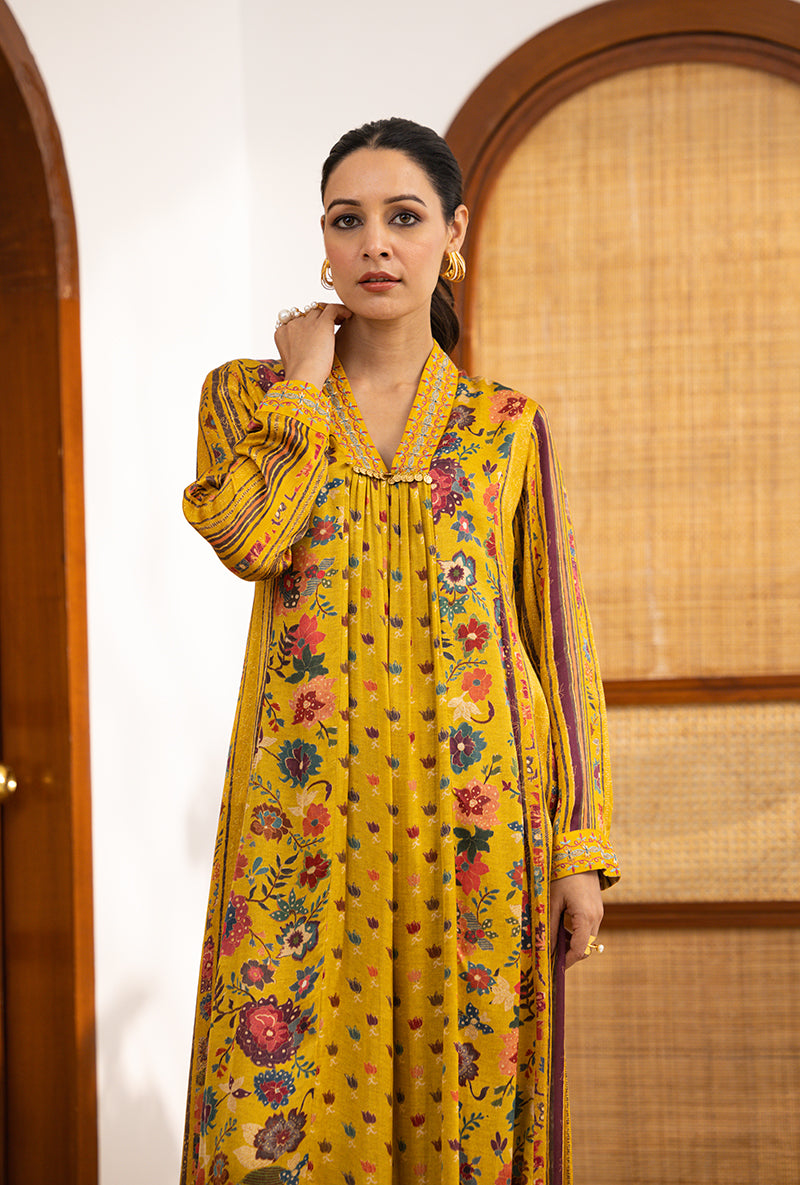 Yellow Printed V Neck Naina Kurta Set