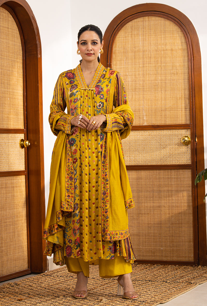 Yellow Printed V Neck Naina Kurta Set