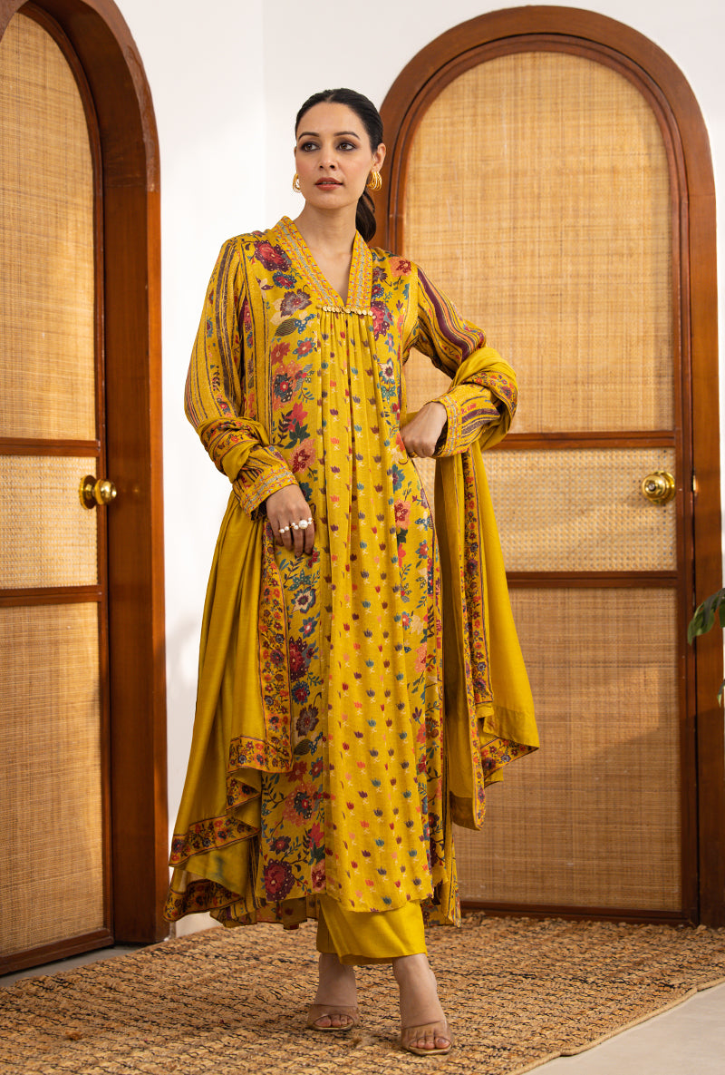 Yellow Printed V Neck Naina Kurta Set