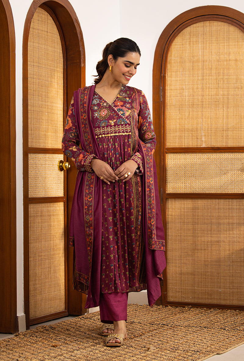 Wine Printed Overlap Yoke Naina Kurta Set