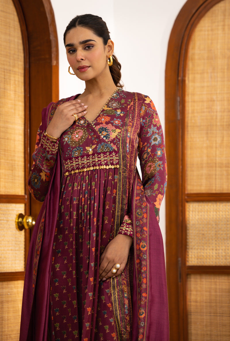 Wine Printed Overlap Yoke Naina Kurta Set