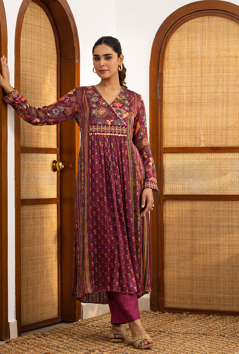 Wine Printed Overlap Yoke Naina Kurta Set