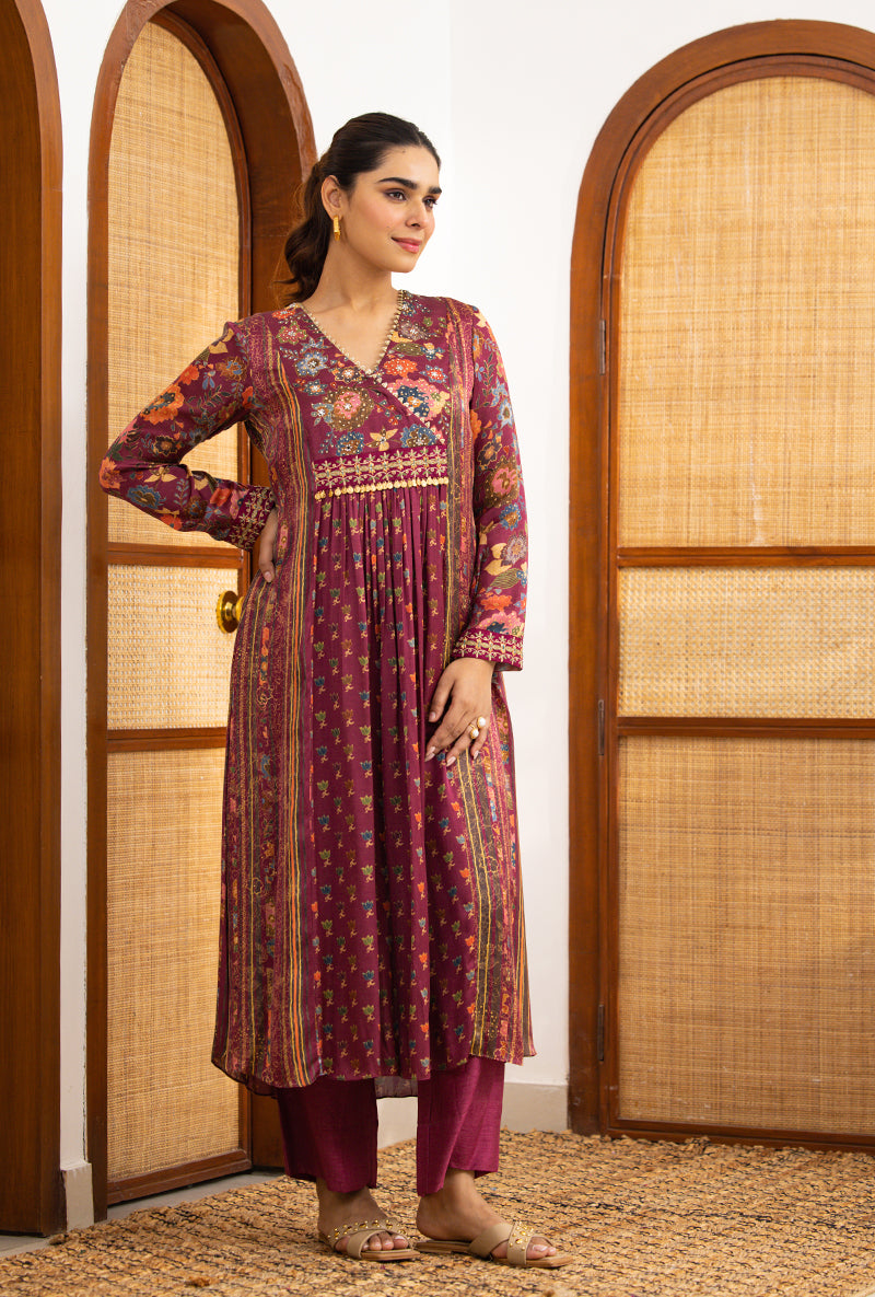 Wine Printed Overlap Yoke Naina Kurta Set