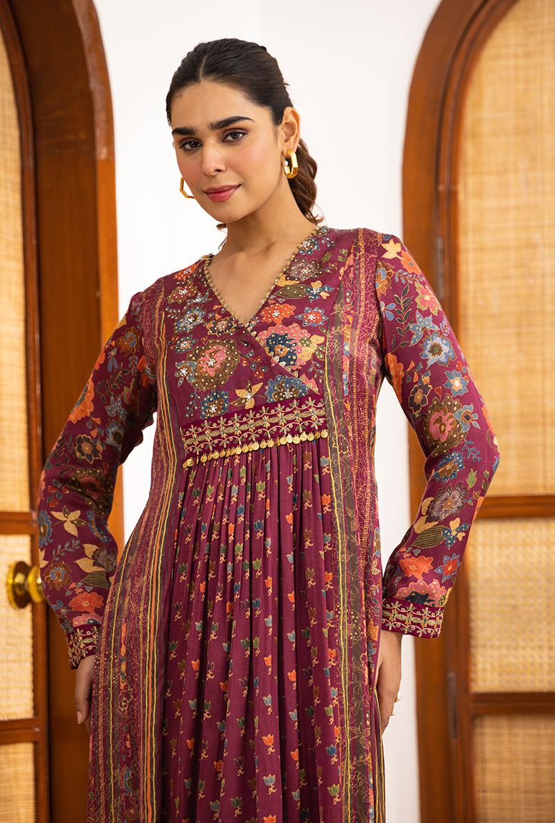 Wine Printed Overlap Yoke Naina Kurta Set