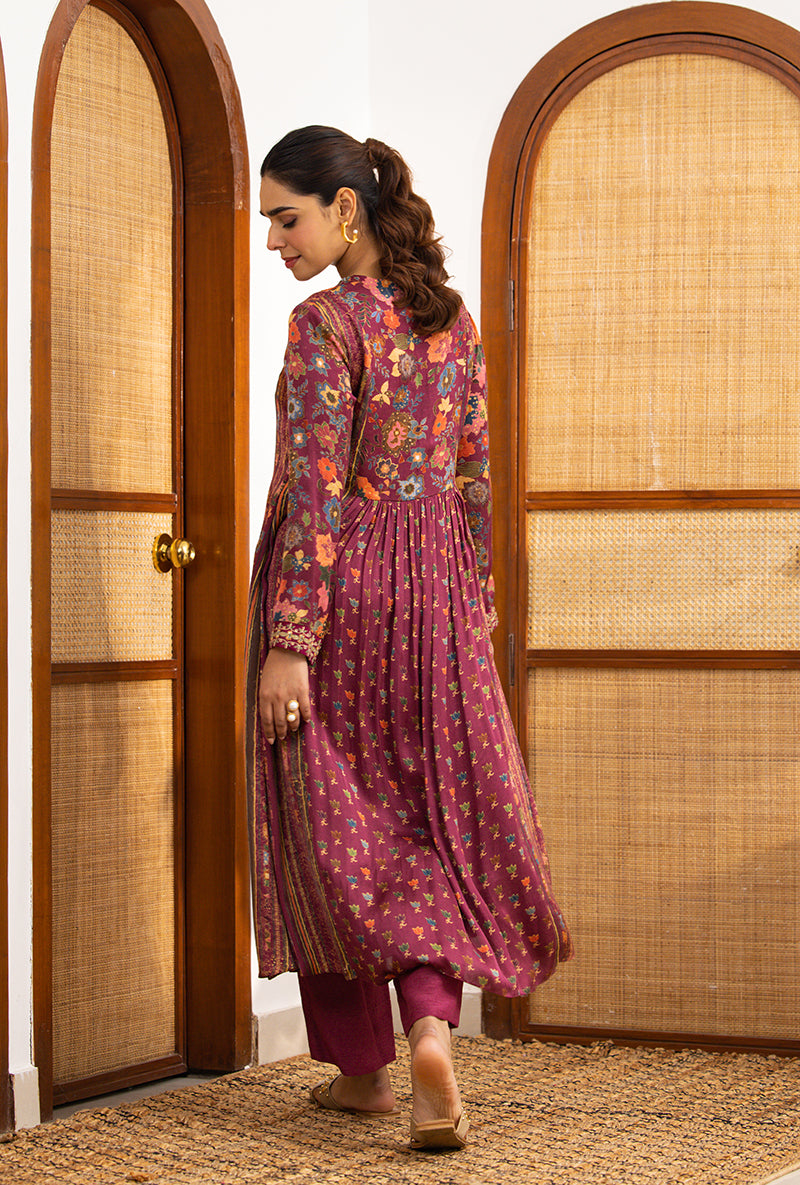 Wine Printed Overlap Yoke Naina Kurta Set