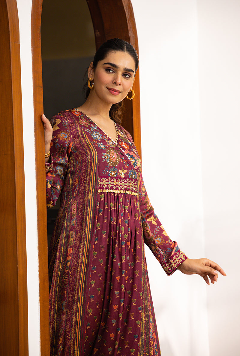 Wine Printed Overlap Yoke Naina Kurta Set