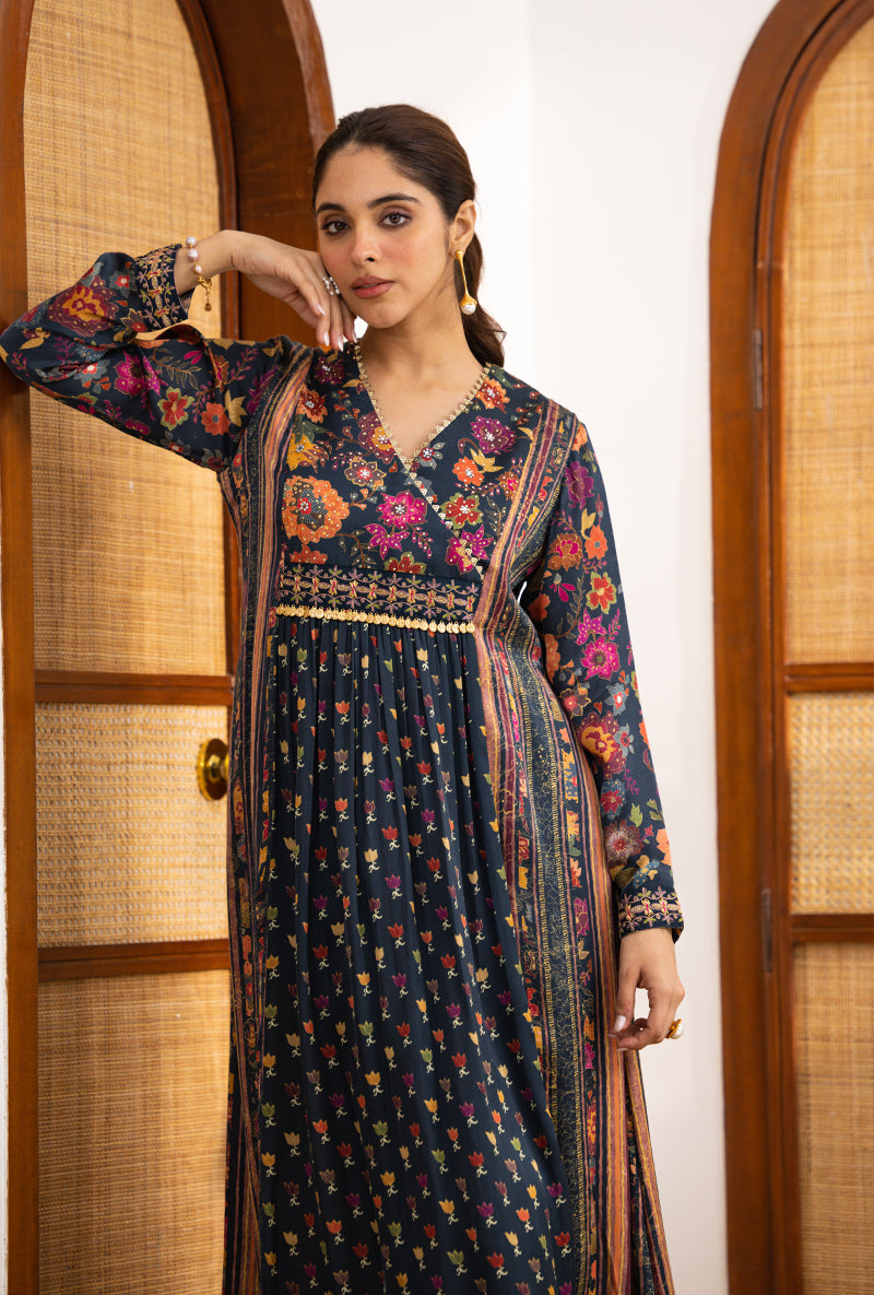 Blue Printed Overlap Yoke Naina Kurta Set