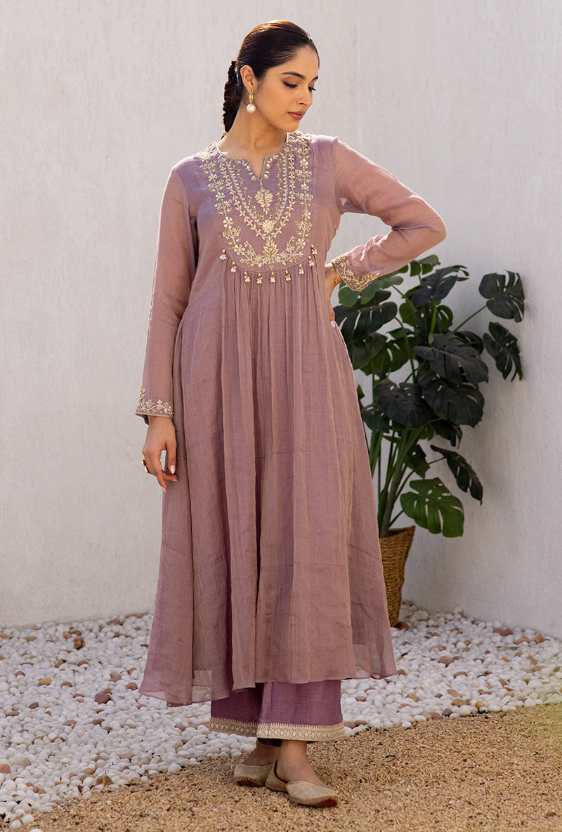 Lavender Sequin And Zardosi Yoke Front Pleat Dua Anarkali Set