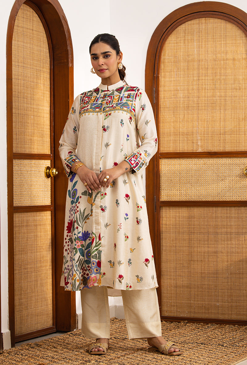 Ivory Printed High Collar Naina Co-ord Set