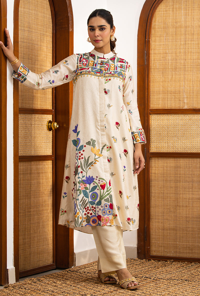 Ivory Printed High Collar Naina Co-ord Set