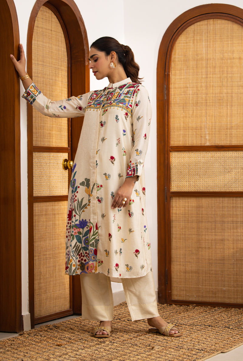 Ivory Printed High Collar Naina Co-ord Set