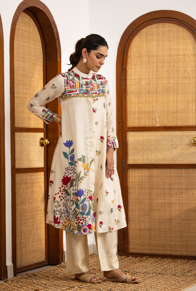 Ivory Printed High Collar Naina Co-ord Set